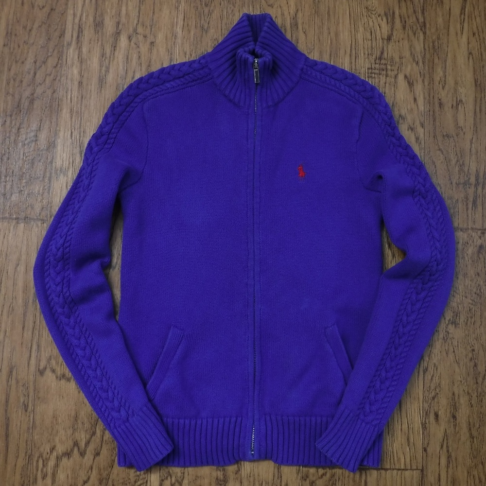 Ralph Lauren Sport Blue Color Full Zip Long/S Red Pony Logo Cotton SweaterJacket